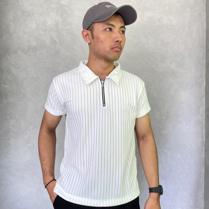 Kaos polo shirt zipper pria Korean Knit baju Polo Shirt Pria Salur Besar resleting Dengan Cutting Slim Fit Kerah Pendek polos half zipper 4