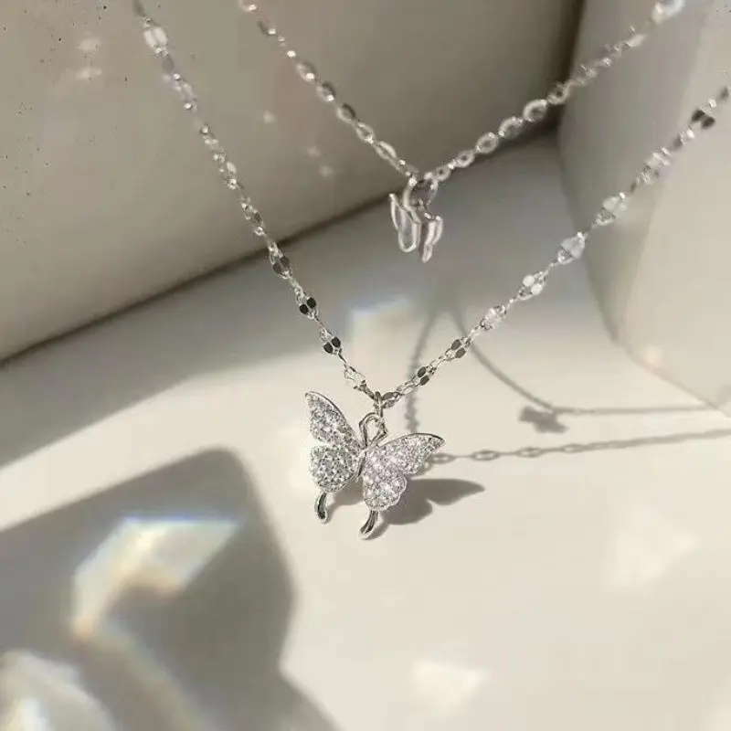 Kalung Wanita liontin Korea Kalung Kupu-kupu 2 lapis siam kalung titanium rantai klavikula kepribadian sederhana Aksesoris. B-20
