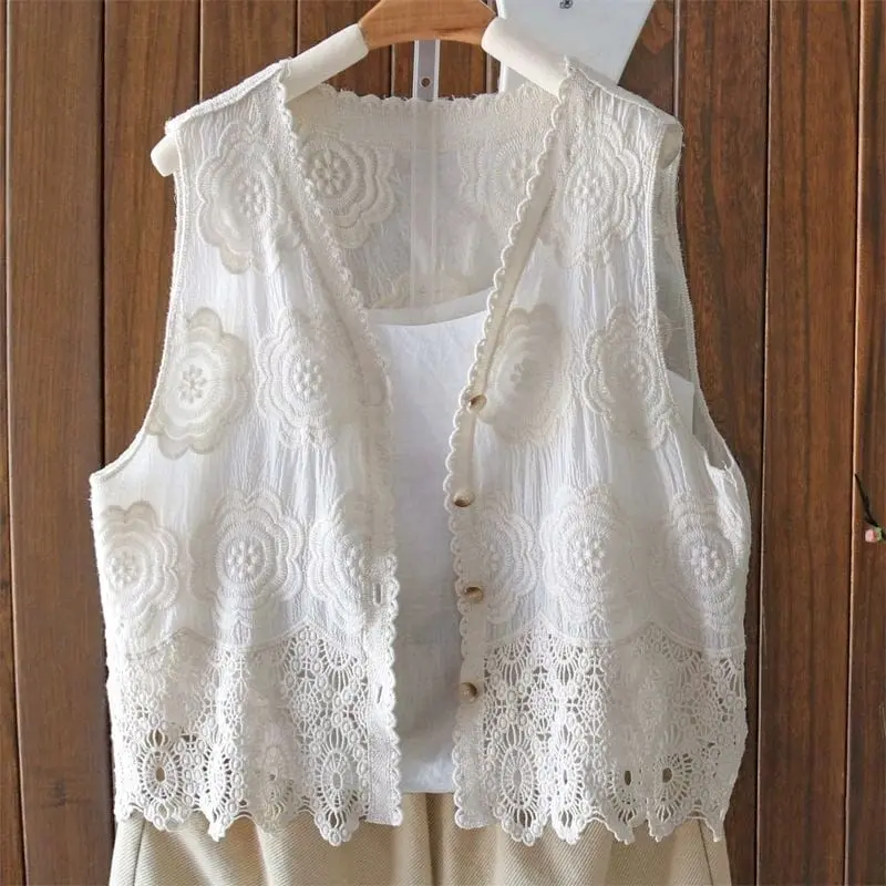 Vest Wanita Lace Motif Bunga Kancing Depan Tanpa Lengan Ruffle Renda Korean Fashion Cute Elegan Casual