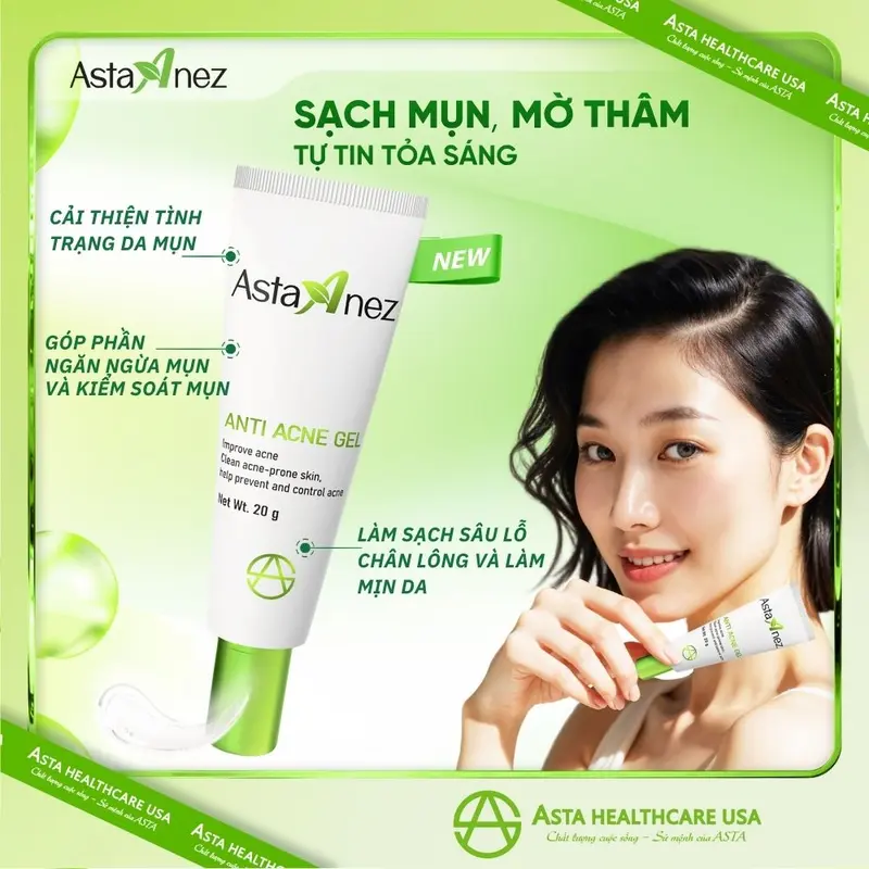 AstaAnez Gel - Mỹ phẩm dành cho da mụn, cải thiện tình trạng da, làm sạch sâu, se khít lỗ chân lông, dưỡng ẩm, ngăn ngừa mụn với Salicylic Acid và PAD 0