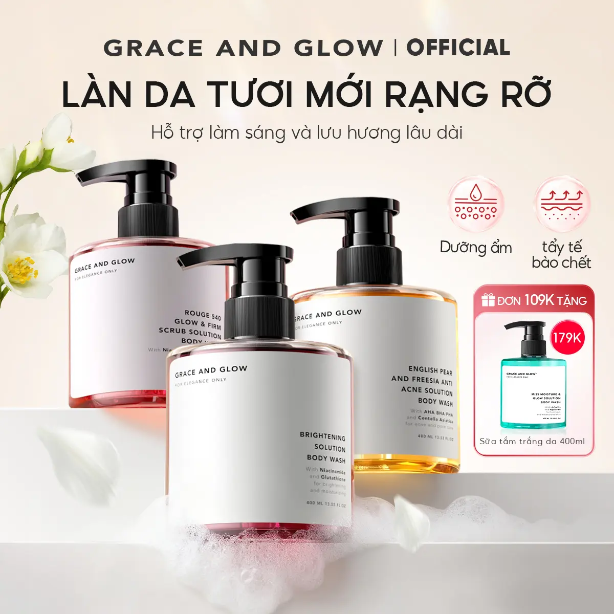 [Tặng quà giá không đổi] 2 in 1 Combo bán chạy sữa tắm nước hoa Grace and Glow 400ml + 400ml