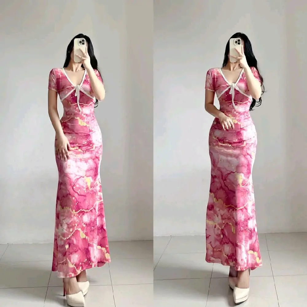 ANGELICA MARBLE PRINT BODYCON MAXI DRESS KNITTED FABRIC FREE SIZE FITS EXTRA SMALL TO MEDIUM Casual Womenswear Summer Comfort Vneck summer  dress Printed Chic Pambabae Floral Multicolor Short Sleeve body  con  dress  outfits althea  dress bodycon