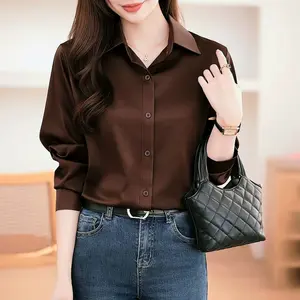 Kemeja Basic Polos Wanita Casual Shakila Twill Premium  Baju Cantik Atasan Kemeja Polos Coklat Mahogany Lengan Panjang Size M-XXL