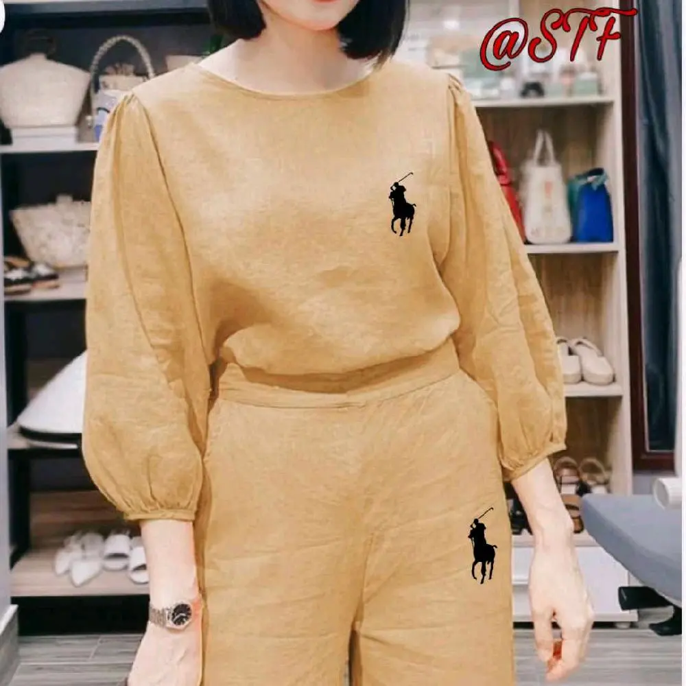 Korean Inspired Coordinate - Blouse and Wideleg Pants Set in Crumpled Linen for Women - Womenswear, Lingerie, Suits, Clothing, Comfort