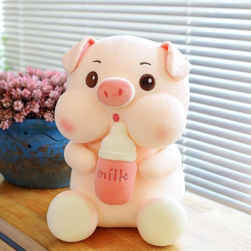 Gấu Bông Heo Ôm Bình Sữa cute Size Nhỏ,Thú nhồi Bông Heo Sữa Mini Chất Liệu Vải Nhung co Dãn 4 chiều Đồ Chơi Thú Bông Heo Dễ Thương Chiều Cao 27cm-30 cm Toy gaubong to