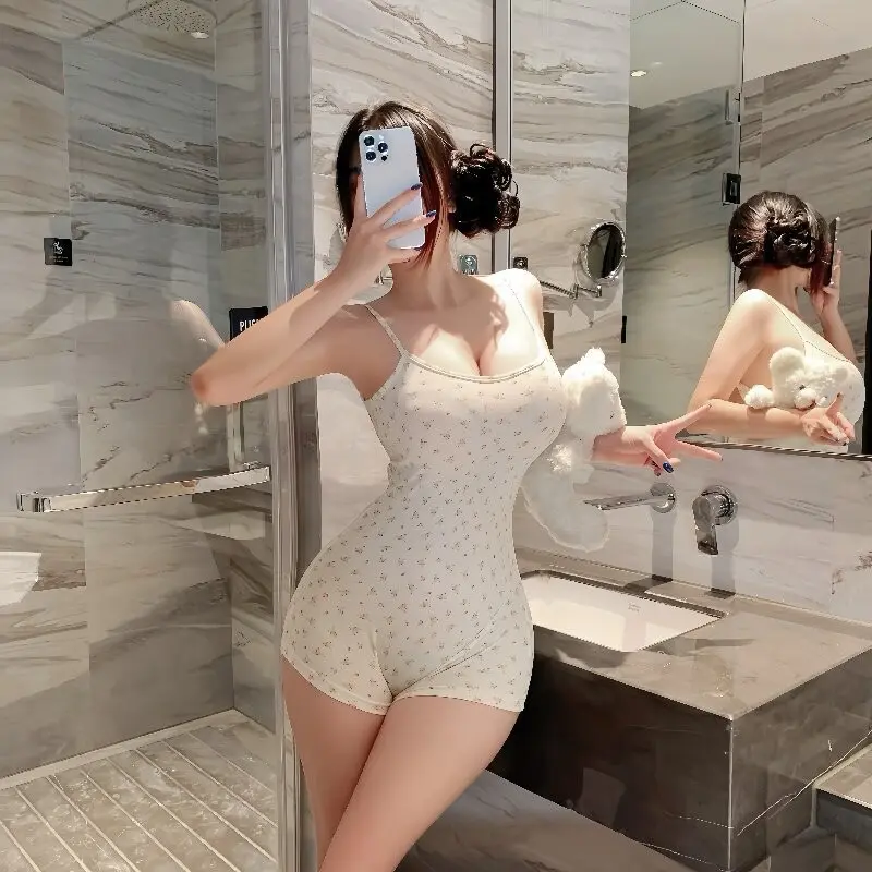 baju tidur seksi ,Motif Bunga Bodysuit Desain Tanpa Punggung Desain Ikat Pinggang Potongan Ramping