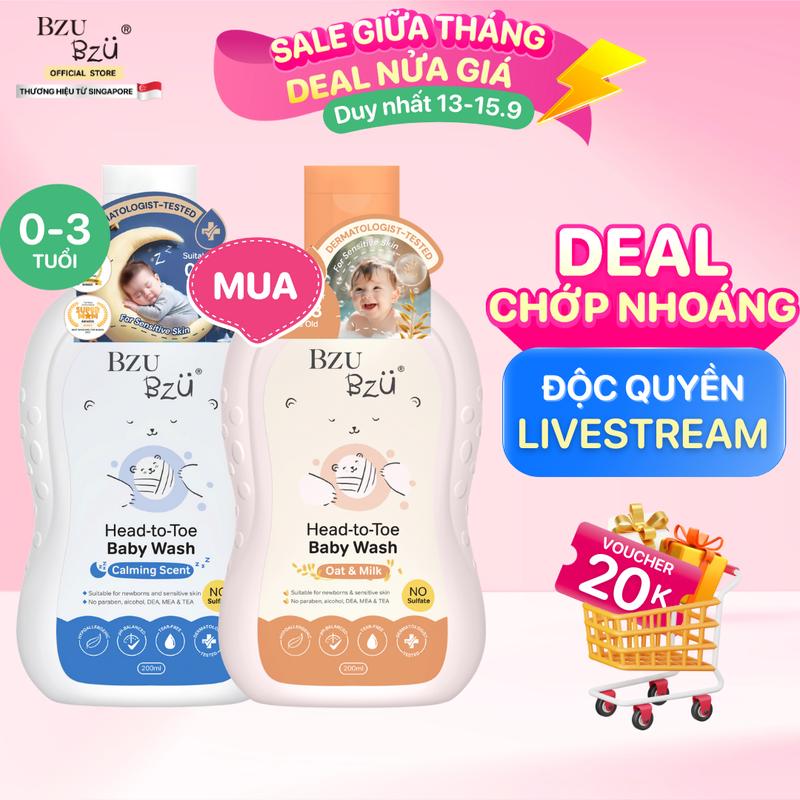 Deal Chớp Nhoáng - Combo 2 Chai Sữa Tắm Gội Toàn Thân Em Bé BZU BZU Head to Toe Wash Dịu Nhẹ Mềm Mại Cho Da Dung Tích 200mlx2 Cho Bé sữa tắm