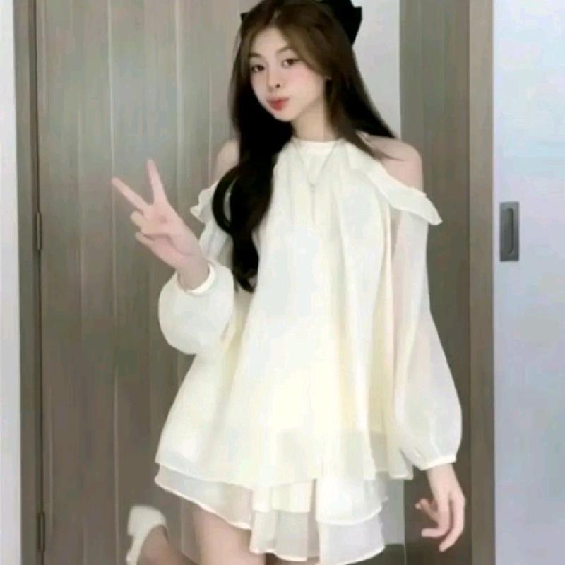 Set váy voan tơ bèo dáng babydoll trễ vai 2 lớp quần giả váy mềm mợt