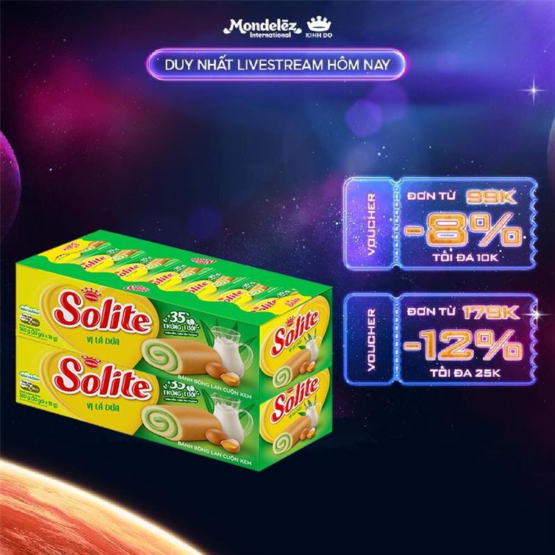 Combo 2 Hộp Bánh Bông Lan Cuộn Kem SOLITE Vị Lá Dứa/ Bơ Sữa/ Dâu, hộp 2x360g