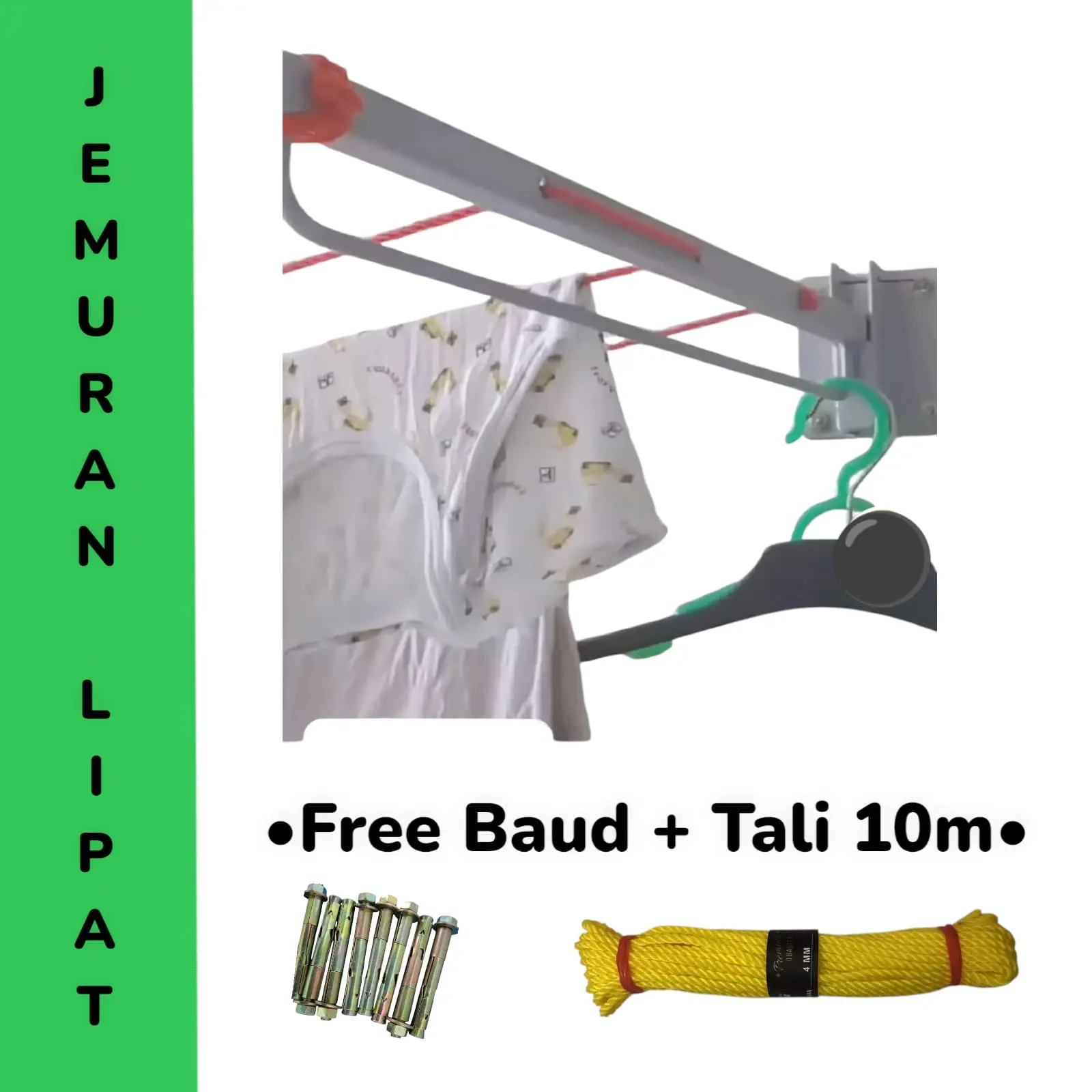 Jemuran dinding lipat praktis(2pcs)4 baris.Bonus Tali khusus10meter
