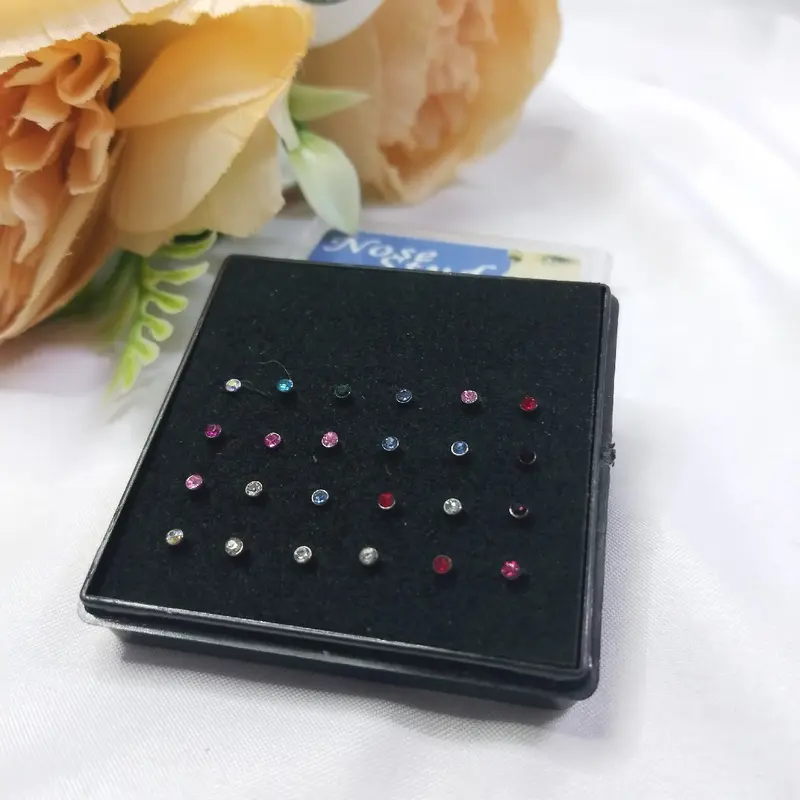 Anting Tindik Hidung 24pcs Tindik Hidung Nose Stud Silver Mata Warna Warni 4