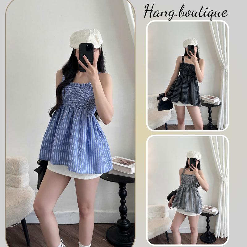 Áo Hai Dây Babydoll Nữ Kẻ Sọc Smock Freesize S176 Áo Kiểu Vintage Dễ Mặc Đi Chơi Dạo Phố Du Lịch