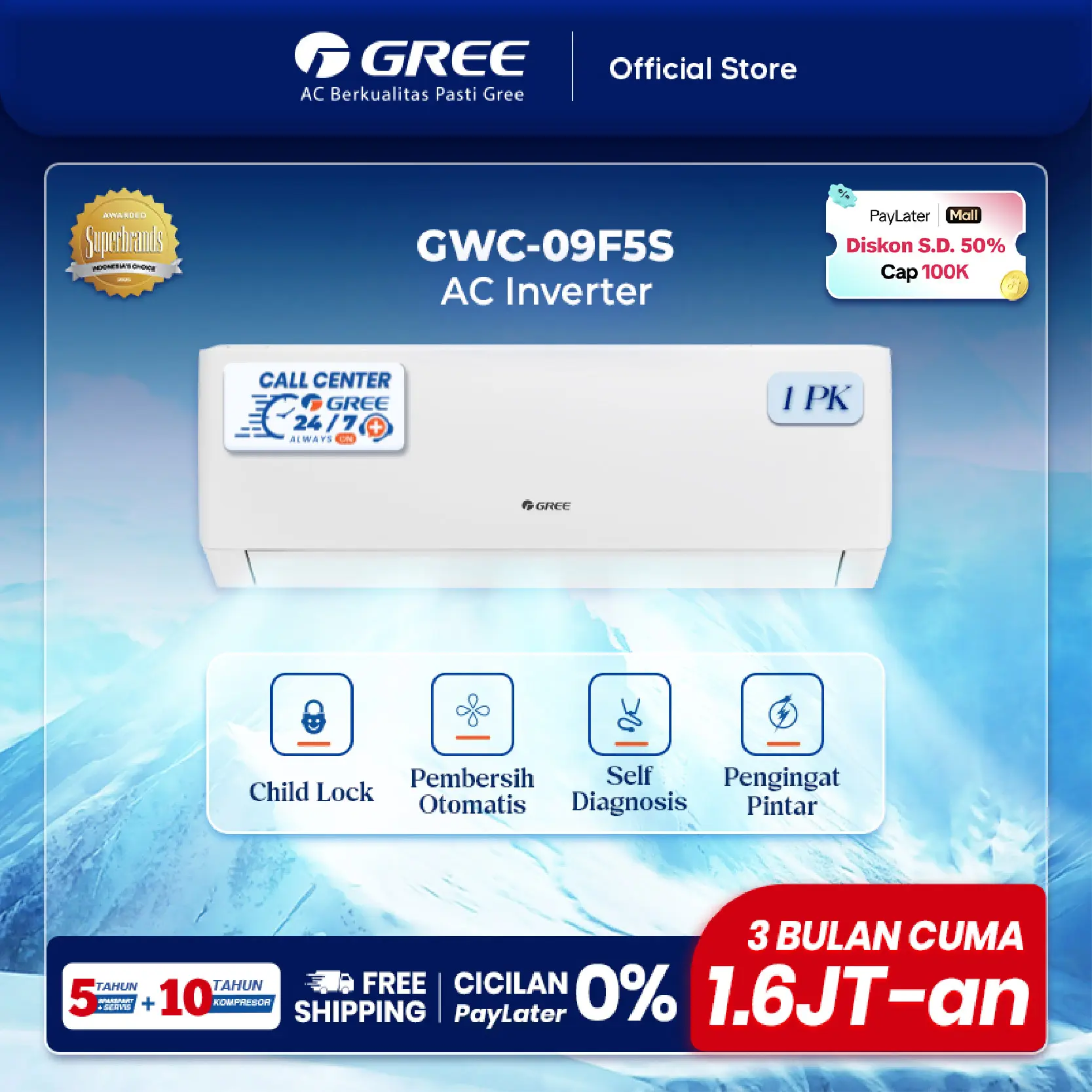 GREE AC F5S SERIES - INVERTER 1 PK - GWC-09F5(S) - WHITE PEARL (Unit Indoor & Outdoor) - Low Watt