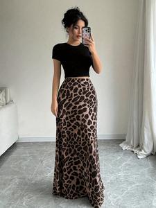 Falda larga elegante de corte A con estampado de leopardo, diseño de cintura elástica para mujer, perfecta para casual y fiesta, ropa estilosa para damas