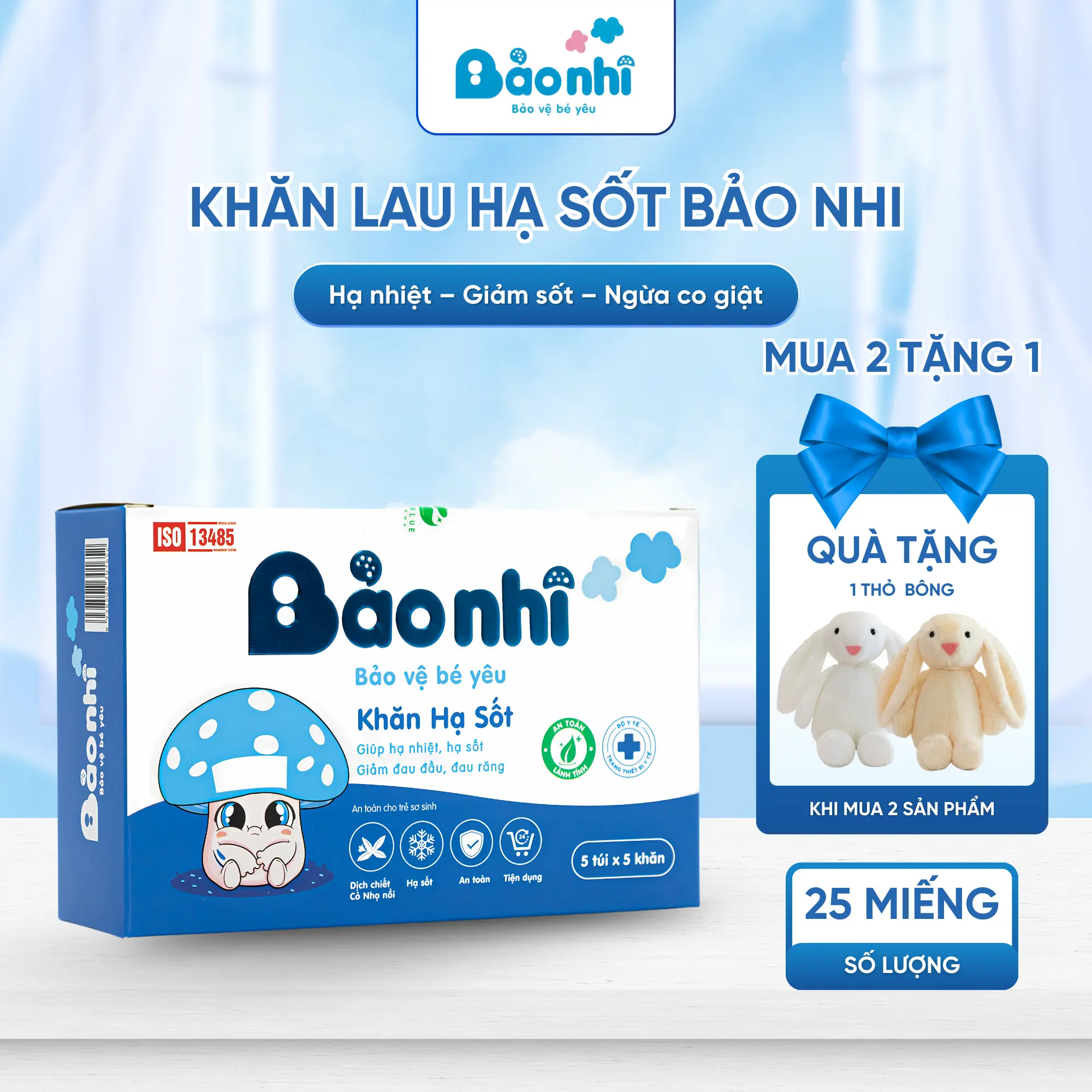 Khăn Lau Hạ Sốt Thảo Dược Bảo Nhi Giảm Nhiệt Nhanh Làm Mát Da Giảm Ngứa Rôm Sảy Hộp 25 Khăn