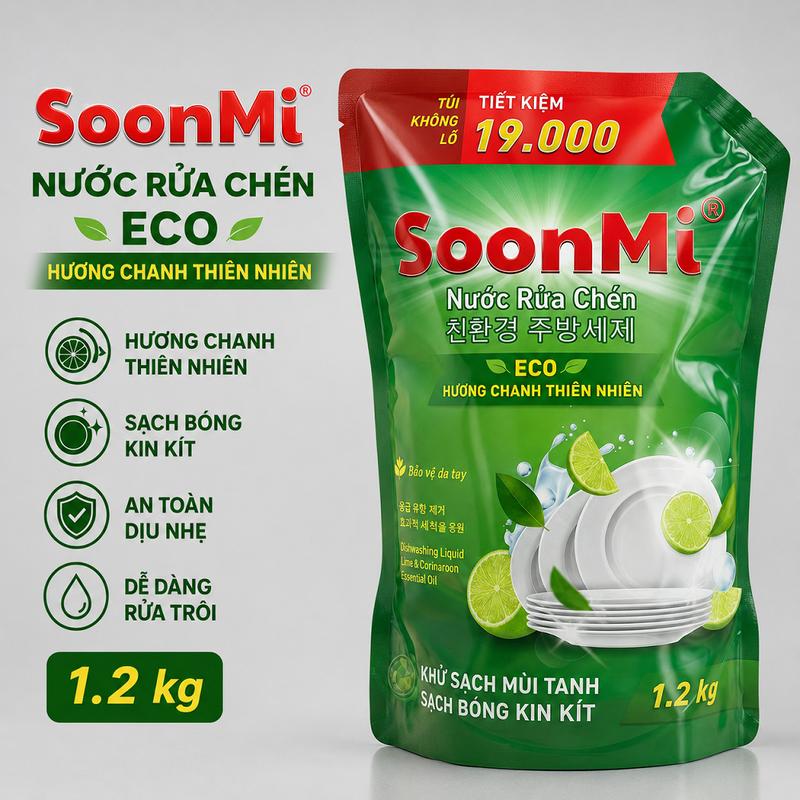 Túi Nước Rửa Chén 1.2Kg Hương Chanh SoonMi Khử Sạch Mùi Tanh, Sạch Bong Kin Kít, An Toàn Cho Da Tay