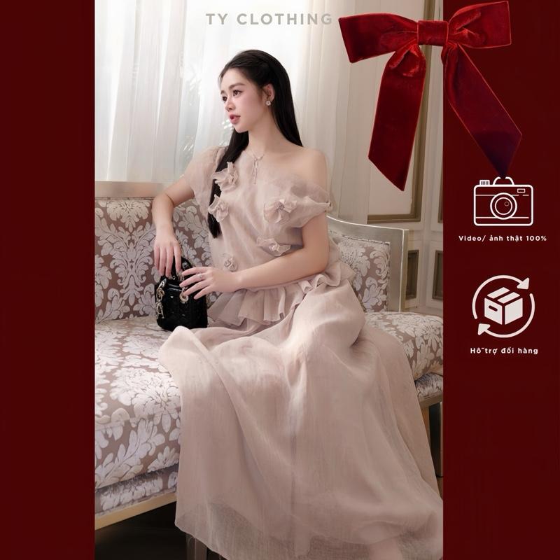    TY CLOTHING    Set Lệch Vai Phối Hoa Chân Váy Dáng Dài Đi Tiệc Sang Chảnh- Hàng Thiết Kế - Màu Nâu Tây 