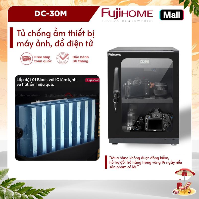 Tủ chống ẩm máy ảnh 30 Lít FUJIHOME DC-30M bảo hành 3 năm, tủ hút ẩm máy ảnh 30L 2 ngăn dry cabinet chống xước