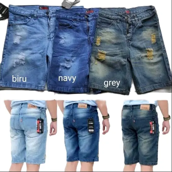 jeans pendek sobek+Celana pendek+jeans+Denim+Dewasa+Boyfriend+Rawis+ Pria+ Panjang+ Nyaman+ Keren+ Slim+ Cowok+ Stretch+Slimfit+Muda+Biru 5