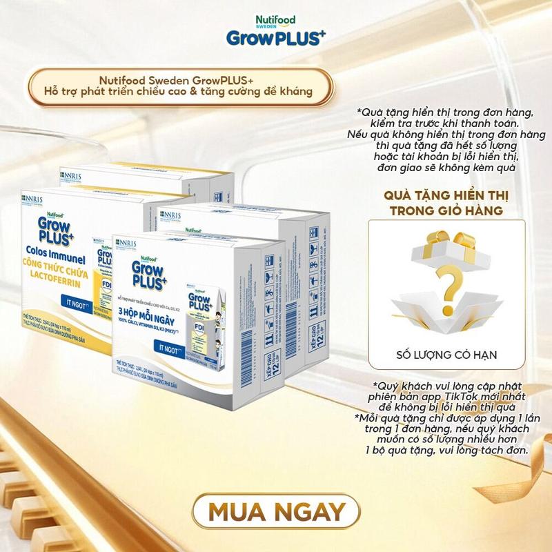 MIX DÒNG Combo 4 x Thùng 24 hộp 110ml sữa Bột Pha Sẵn Nutifood Sweden GrowPLUS+ : 2 Thùng Cao lớn vượt trội Bạc & 2 Thùng Sữa Non Immunel Vàng 4 Thùng x 2.64L - Link chính