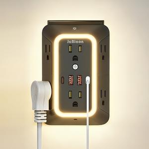 JcBLaon 6 tomas de corriente con protector contra sobretensiones AC, 4 puertos USB (2 USB‑C) y luz nocturna, 1050 J, cargador de pared USB de diseño tridimensional para hogar, viaje y oficina (negro)