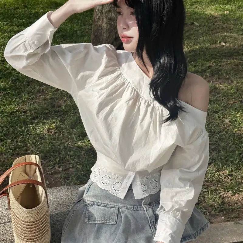Áo sơmi thô lệch vai pha ren boi chun bo eo,Áo lệch vai dài tay thời trang trẻ trung,thanh lịch “Galaxy Top”