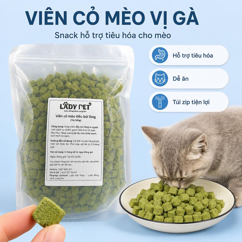 Viên Cỏ Mèo Mix Thịt Gà Hỗ Trợ Tiêu Búi Lông, Nhuận Tràng, Viên Rau Xanh Bổ…