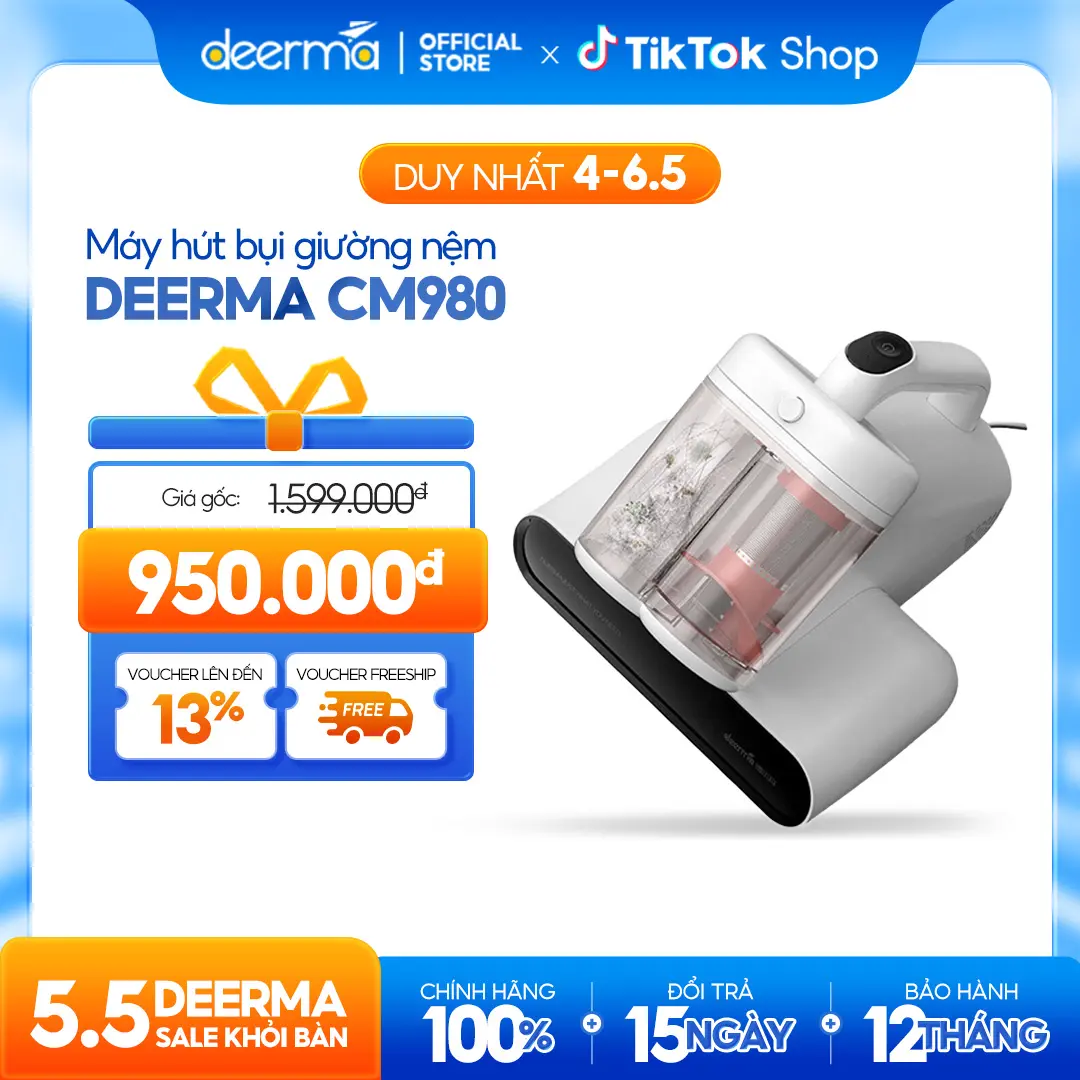 Máy hút bụi giường nệm diệt khuẩn UV DEERMA CM980 với thiết kế hộc bụi kép trong suốt đa năng - Bảo hành 12 tháng