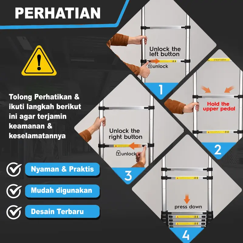 Tangga Lipat Teleskopik Bahan Aluminium Tinggi 410 cm / Anti Slip Kokoh & Tahan Lama / T3D1 2