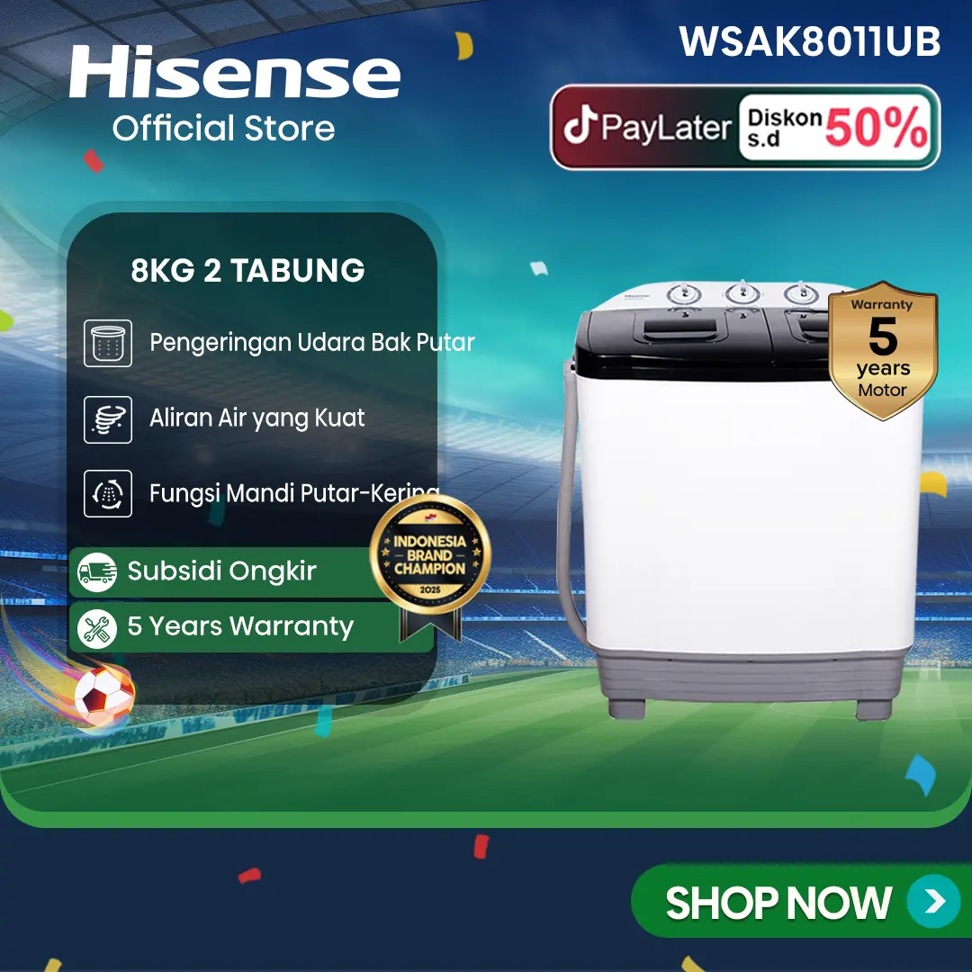 HISENSE-WSAK8011UB-Mesin Cuci Kapasitas TWINTUB 8KG-MesinCuci Bukaan Atas-Pengeringan Udara Bak Putar-Aliran Air yang Kuat-Fungsi Mandi PutarKering-Magic Filter-User Friendly-2 Tabung-Washing Machine
