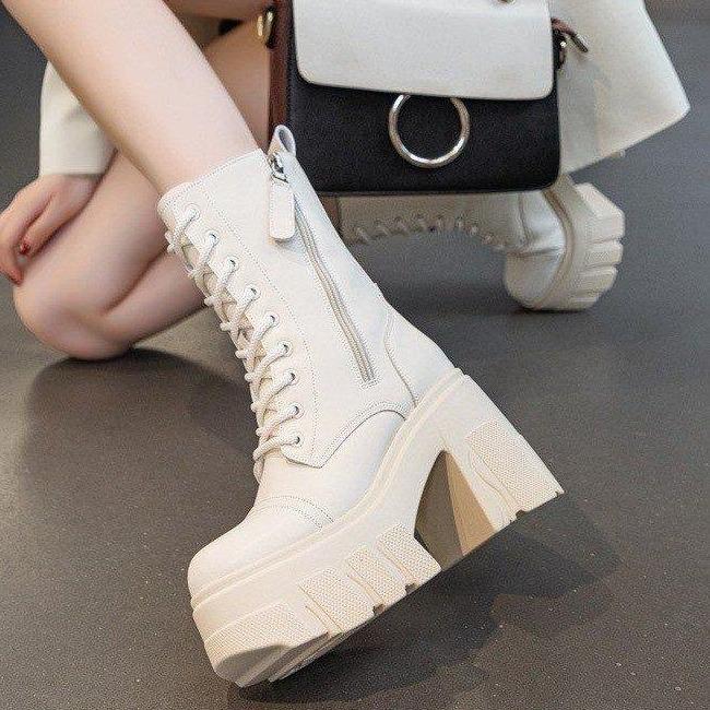 Giày Cao Gót Chunky, JINxCHOY, Siêu Cao 11CM, Giày Boot Martin, Chất Liệu PU, Phong Cách Punk Anh Thời Trang, Thích Hợp Cho Các Hoạt Động Ngoài Trời, Chống Trượt Và Chống Mài Mòn, Thời Trang, SS24, Hàng Mới Về