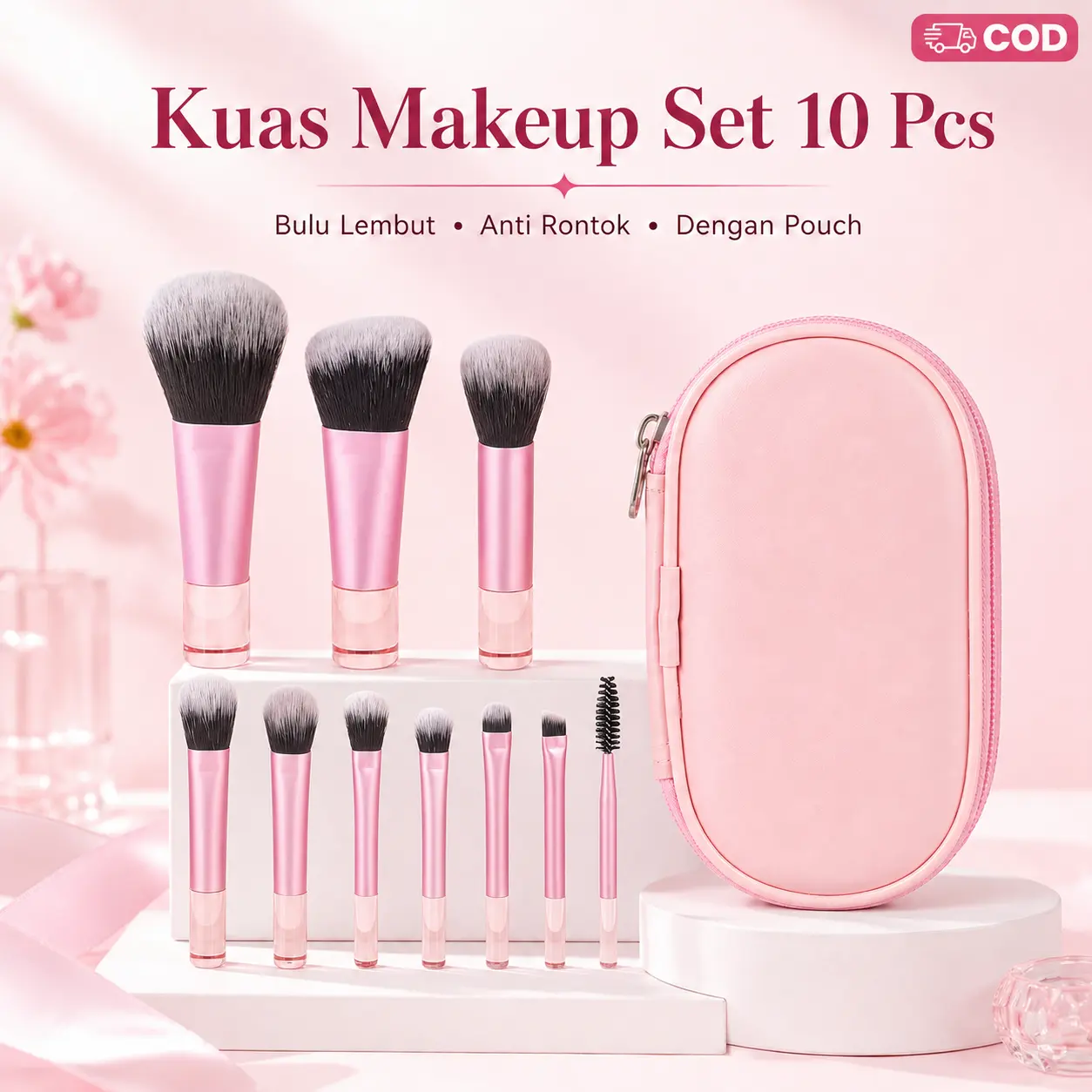 COD Kuas Makeup 10 Pcs Set Bulu Lembut Anti Rontok Portable dengan Travel Pouch untuk Foundation Eyeshadow Blending Kosmetik