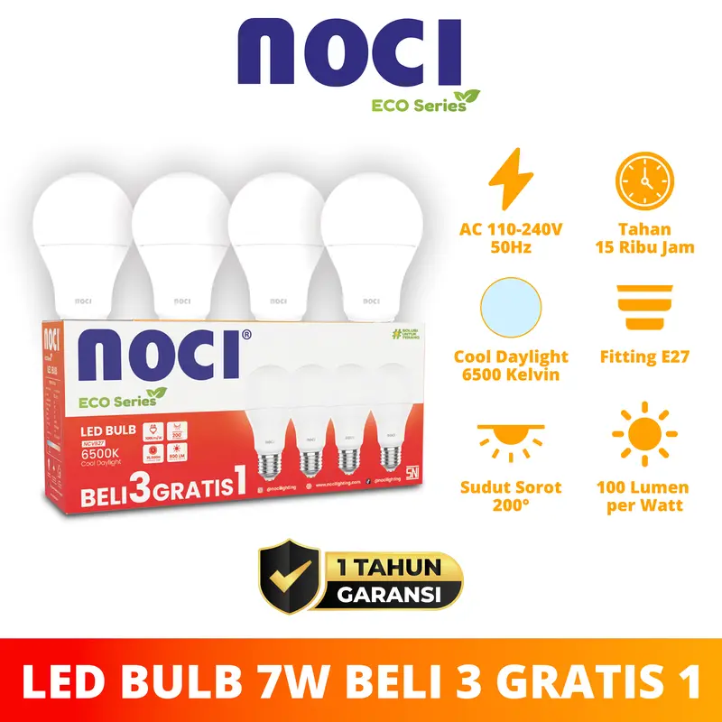 [PROMO] Noci Eco Series Lampu Bohlam LED Paket HEMAT Bulb Beli 3 Gratis 1 Paket Hemat  7-15 Watt Cahaya Putih