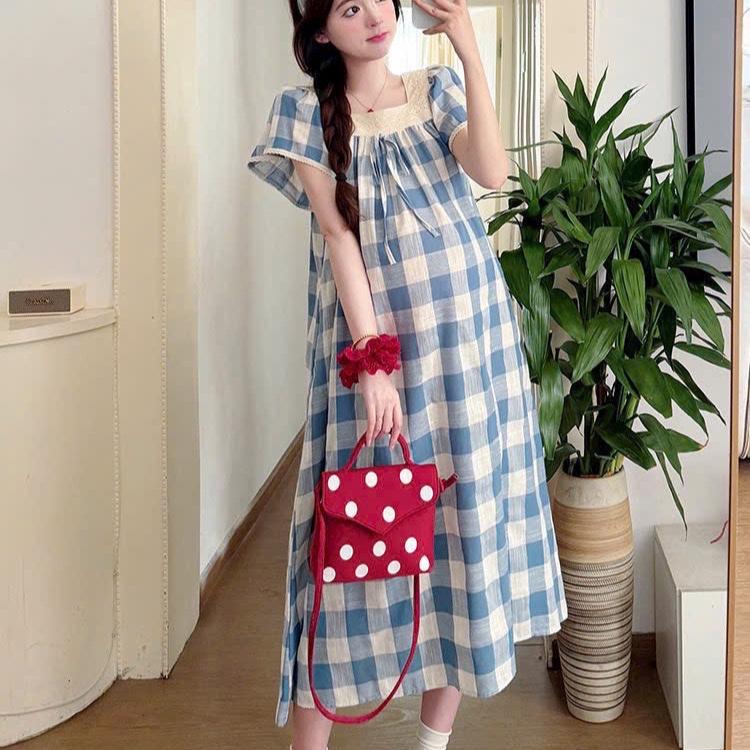 Đầm Bầu Kẻ Ô To-Cổ Vuông Ren Thêu Cao Cấp Bầu Bí Hiện Đại