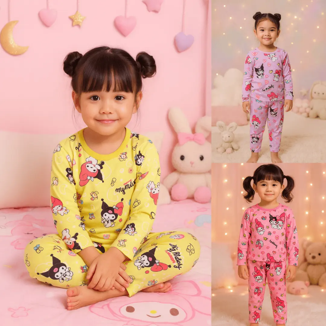 Sibulat-04 STELAN ANAK PEREMPUAN USIA 1-6 TAHUN BAJU TIDUR ANAK FULL PRINTING KUROMI MELODY SERIES PIYAMA ANAK BAJU SANTAI ANAK BAJU HARIAN ANAK-ANAK