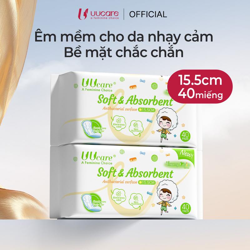 (Combo 2 gói) Băng vệ sinh Uucare Singapore Young Girl kháng khuẩn hàng ngày, không cánh, 15.5cm, 40 miếng/gói. Thấm hút, chống tràn tốt, không chứa chất huỳnh quang.