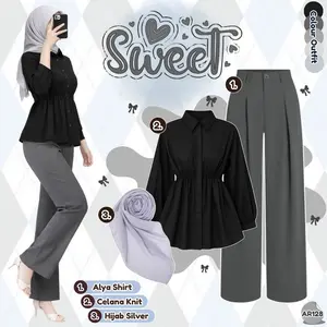 Outfit Korean Remaja Kekinian ( Kemeja, Celana Knit, Hijab ) OOTD 3in1 Setelan Hangout Daily - AR128