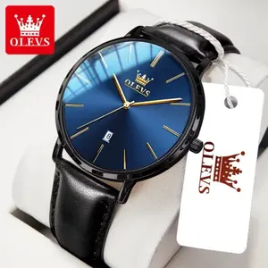 OLEVS Jam Tangan Pria Anti Air Original Tali Kulit Luxury Kalender dengan Desain Elegan dan Fungsi Kalender