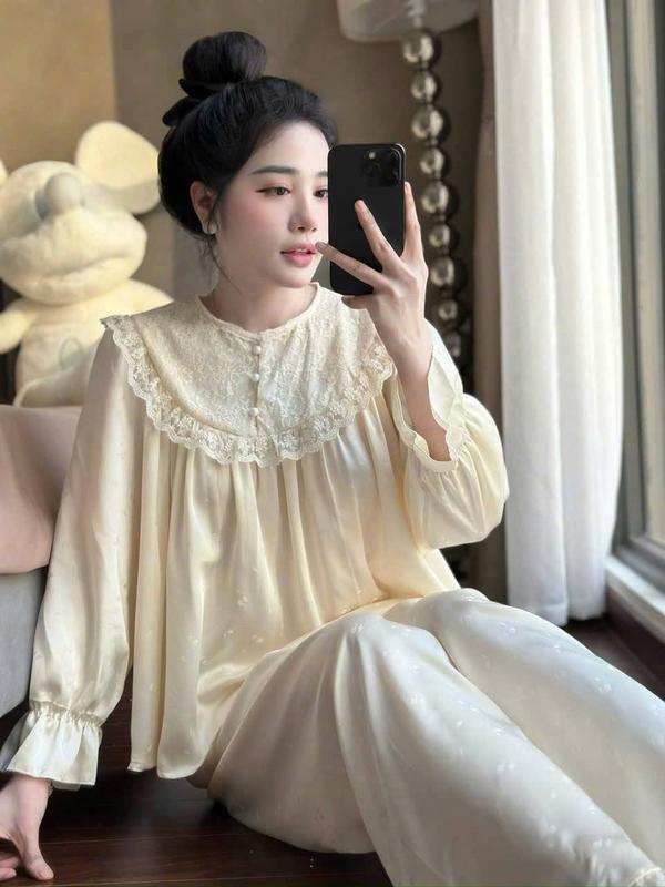 N457- Pijama dài tay lụa vấn gấm cổ dáng yếm cho nữ - Bộ ngủ lụa mặc nhà hàng quảng châu cao cấp