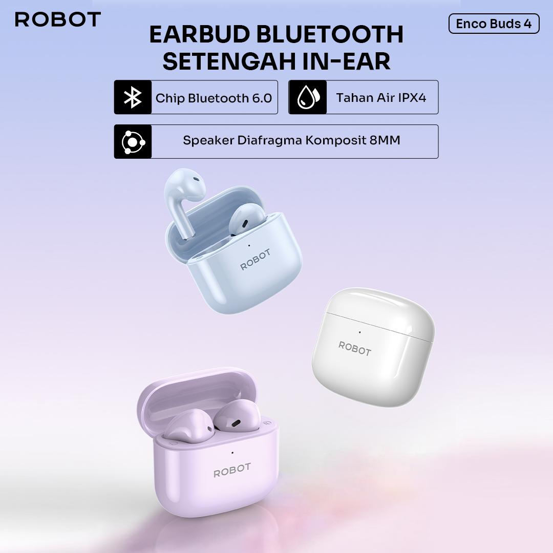 ROBOT TWS Enco Buds 4 Earbuds Headset Airbuds Earphone Wireless Bluetooth 6.0 Setengah In-Ear 28 Jam Baterai Tahan Air IPX4 FullBass - Produk Original Bergaransi Resmi 1 Tahun - Bisa COD