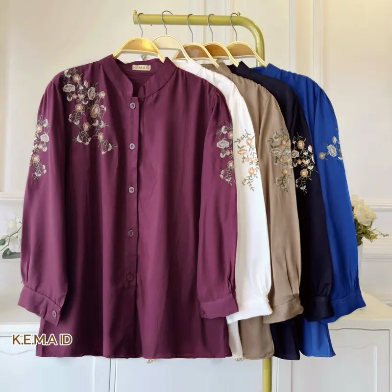 Jasmine blouse bordir bunga linen katun twill blouse wanita atasan vintage nyaman cantik full kancing Oversize Formal Panjang Lembut Santai 1