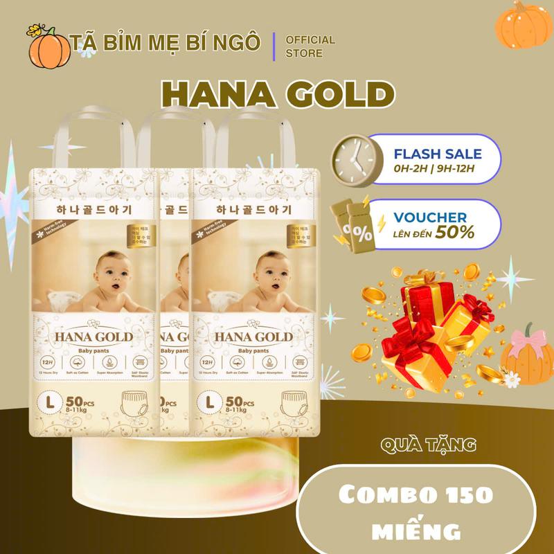   MUA 2 TẶNG 1  COMBO 150 MIẾNG Bỉm Hana gold cao cấp chống trào đến 12h size M L XL XXL cho bé từ 4kg - 30kg bỉm đêm thấm hút tốt Cho Bé bỉm mjjuku 