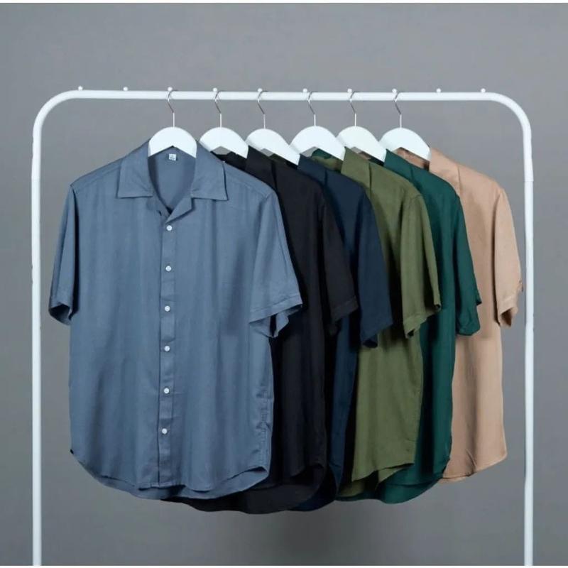 ￼Kemeja Polos Vintage/Kemeja Pria Lengan Pendek/Kemeja Pantai/Kemeja casual katun nyaman panjang santai rayon Simple  /Kemeja vintage viral Simple basic 1