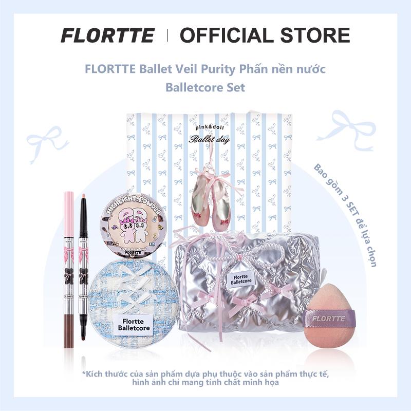 FLORTTE Ballet Veil Purity Phấn nền nước Balletcore Set---Gồm cushion, bút vẽ bọng mắt và highlight, đi kèm túi đựng mỹ phẩm màu bạc, túi vải và bông mút tán nền, tổng cộng 6 sản phẩm, Có 3 Set để lựa chọn