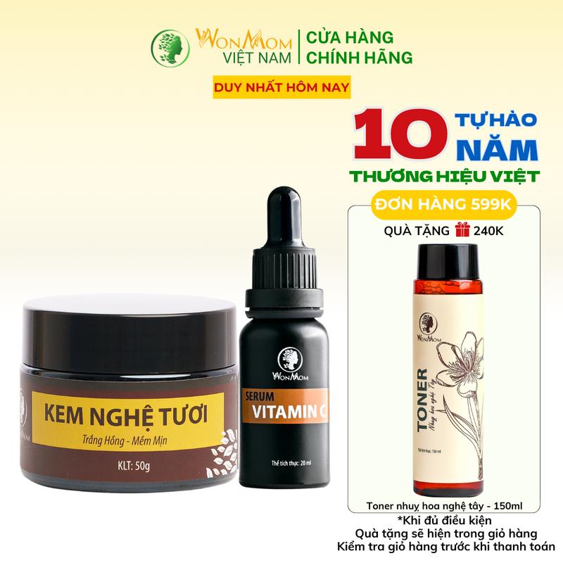 Combo 2 Món Làm Đẹp Da Chăm Sóc Dưỡng Sáng Mờ Thâm Nám Cơ Bản Trắng Hồng Wonmom 1 kem nghệ tươi + 1 serum c Skincare