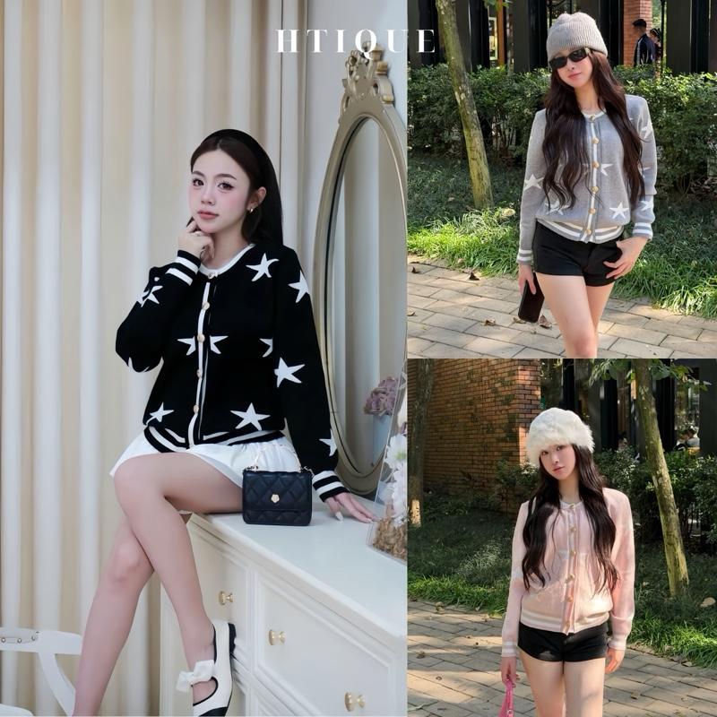 BST Thu Đông HTIQUE Áo cardigan len đen họa tiết ngôi sao cúc vàng Áo len dệt kim nữ sang chảnh LA25
