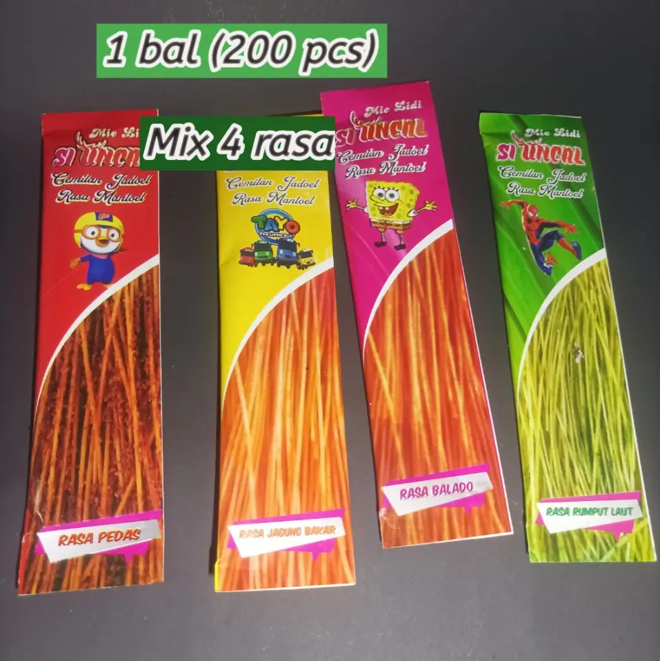 Paket usaha Mie lidi karakter 1 bal (200 pcs) mix 4 rasa