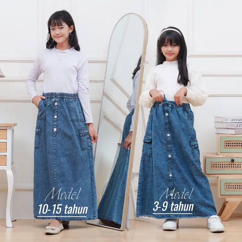 3-14 tahun Rok cargo Anak Perempuan Model Terbaru - Jeans Washed terbaru - Varian Motif Bordir - jeans cargo Fashion