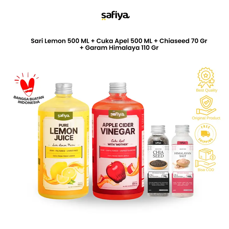 Safiya Paket 4in1 Cuka Apel 500 ml + Sari Lemon 500 ml + Chiaseed 70 Gr + Garam Himalaya 110 Gr 1