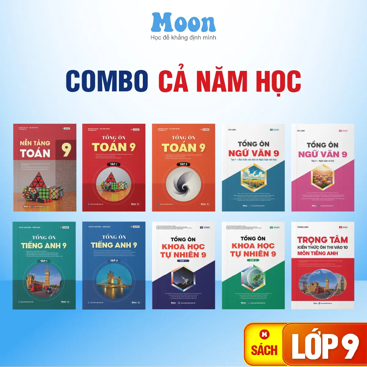 Sách ôn tập lớp 9 chương trình mới ôn thi vào 10, tổng ôn toán văn anh KHTN 9 Moonbook